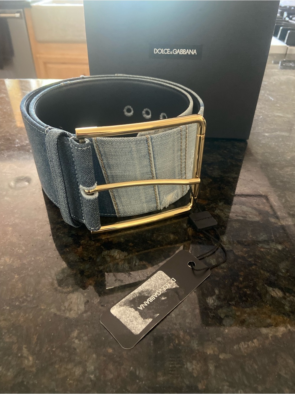 Dolce & Gabbana Two-Tone Denim Belt with Gold Buckle